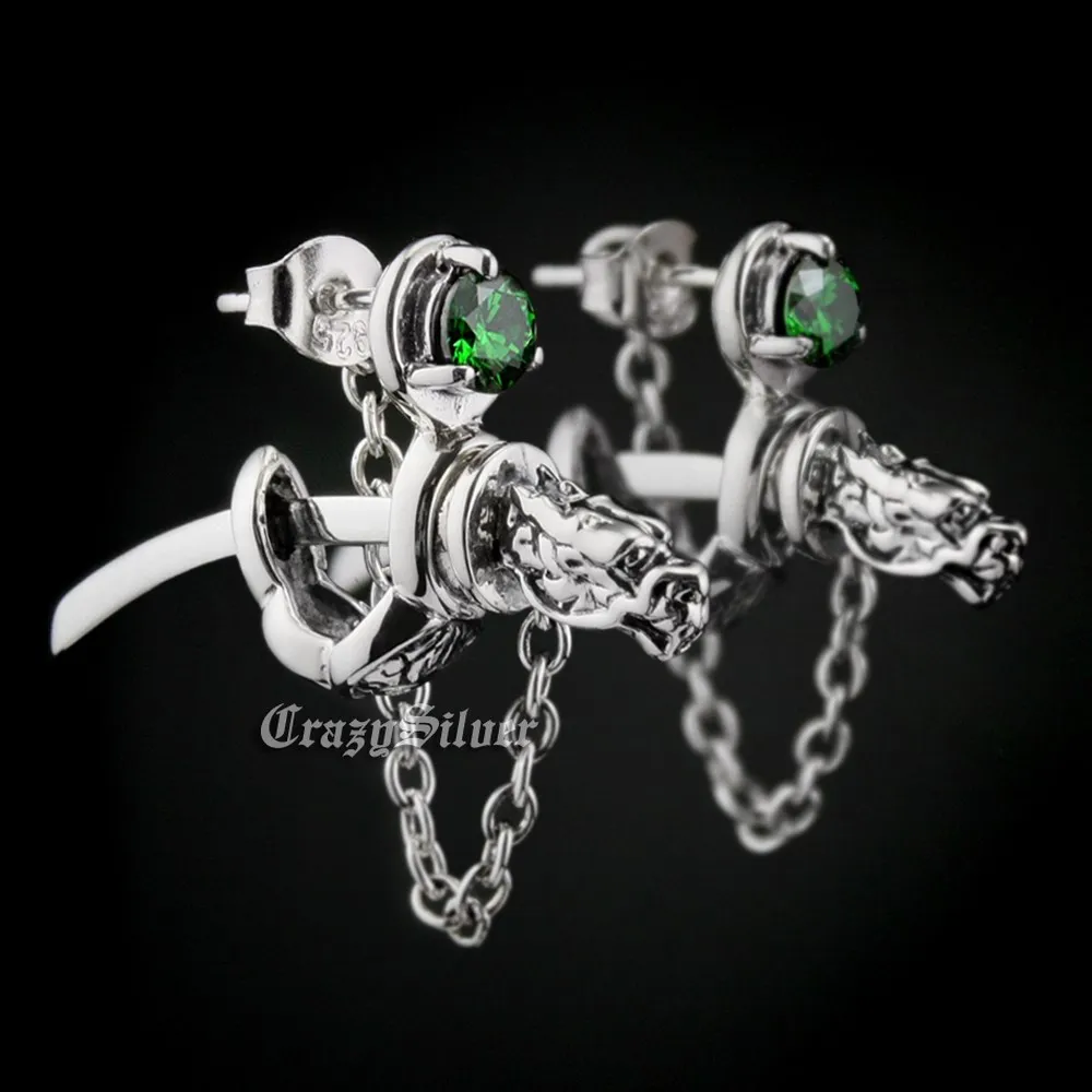 

925 Sterling Silver Dragon Japanese katana Green CZ Biker Stud Earring 8M209A