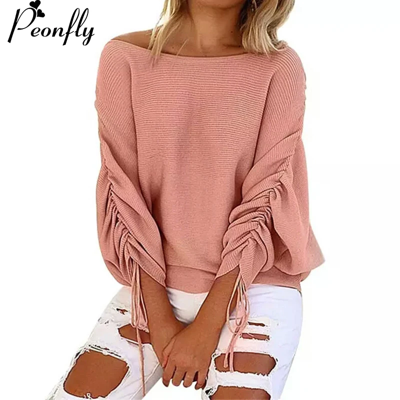 PEONFLY  Autumn and winter Ruffle Knitted Sweater Women Pullover Female Casual Loose O-Neck Full Shrug Solid sweaters tops