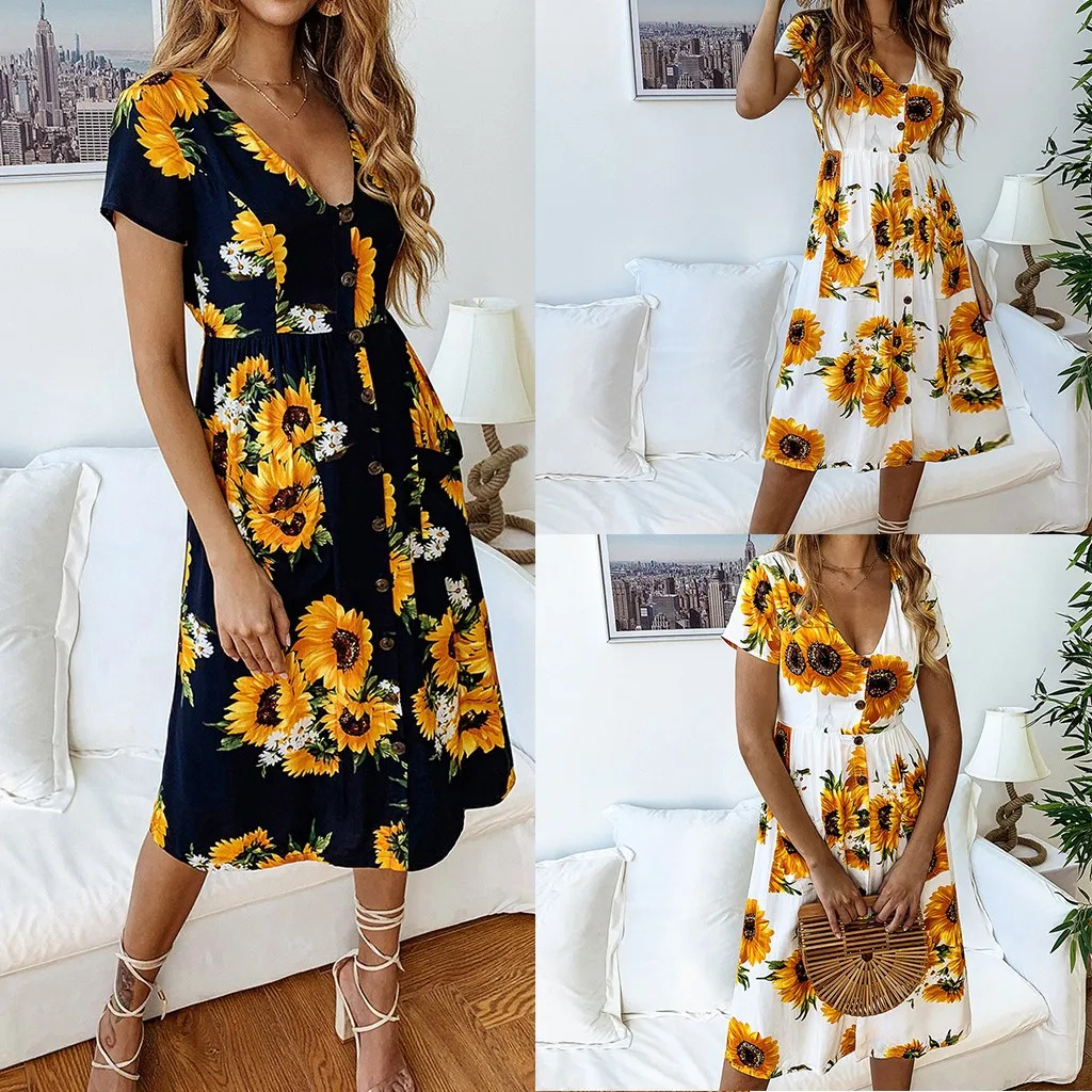 

Women's Dresses Spring Summer Dress 2019 Vestidos Women's Spring And Summer Fashion Casual Printed Sunflower Button Female Dress