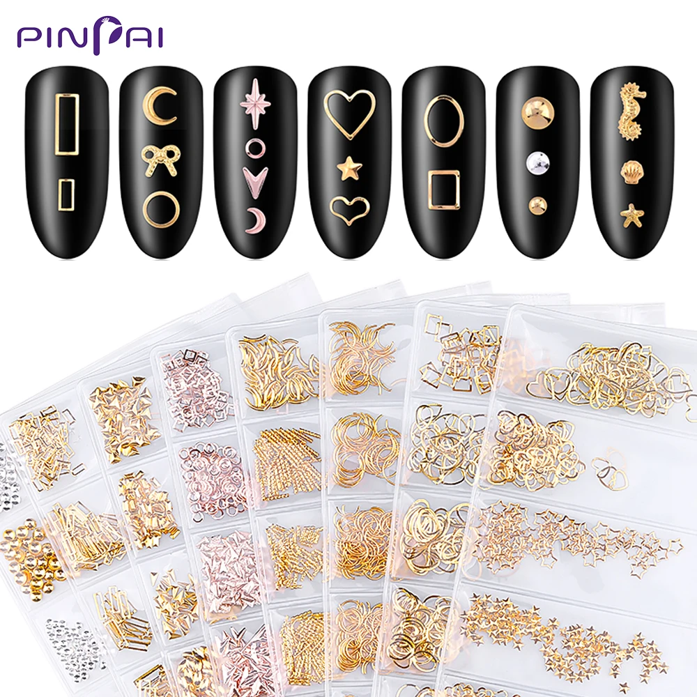 

10 Styles Gold Mixed Hollow Metal Frame Nail Art Rivet Moon Heart Round Shape Slider Nail Studs Manicure Nail Art Decoration
