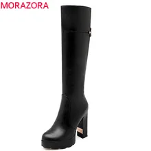 MORAZORA new arrival boots women round toe platform shoes zipper rivet knee high boots sexy high heels party wedding shoes