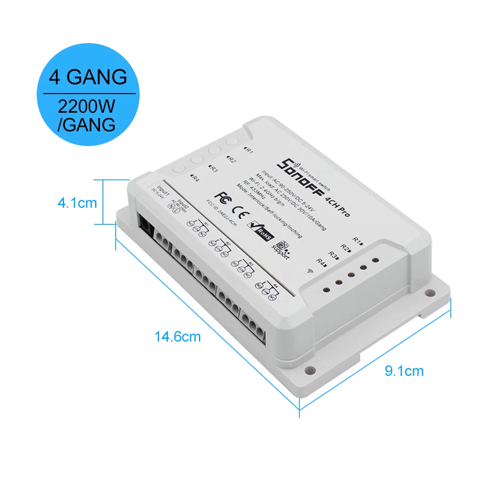 Sonoff 4CH Pro R2 10А/банда 4 канала Wifi смарт-коммутатор 433 МГц РЧ-пульт Wifi освещение переключатель поддерживает 4 устройства для Alexa Google