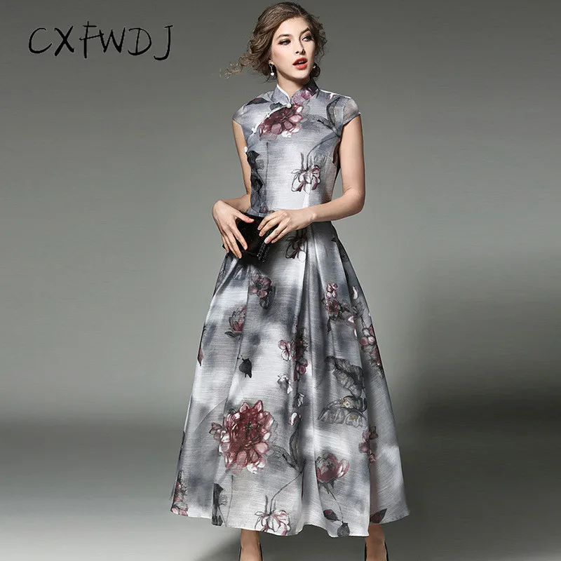 Dress Women 2018 Summer New Cheongsam Natural Printing Standing Collar Big Swing European Root Yarn Women's Clothing Dresses