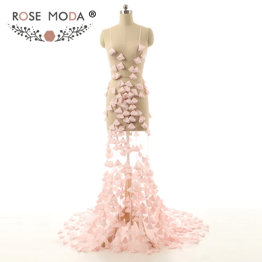 

Rose Moda Sexy See Through Pink Mermaid Prom Dresses with Train Thin Straps Party Dresses Custom Made