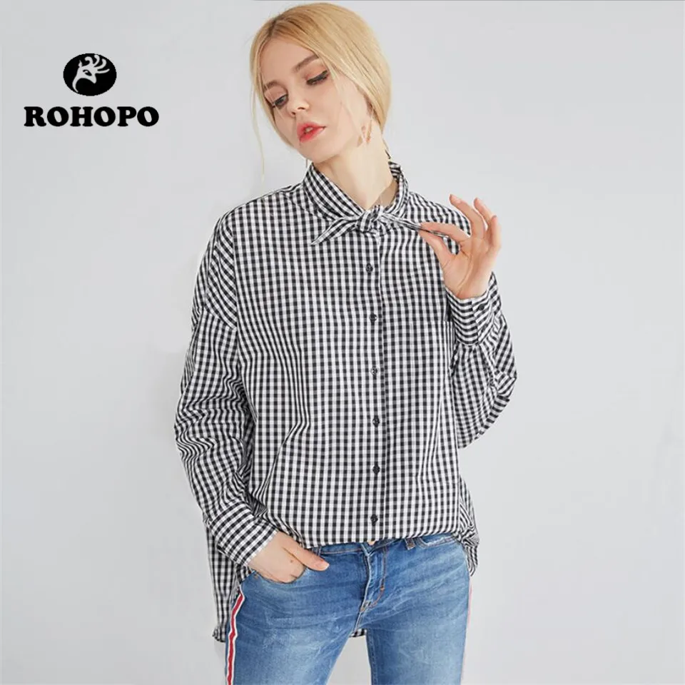 

ROHOPO Female plaid blouse Women Long Sleeve single breast lace up collar fashion Shirts Spring Breathable Top Quality Blousse