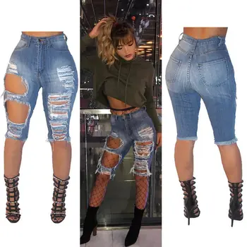 

2018 Fashion Korean Women Female Big Hole Knee Length High Waist Jeans Stretch Feet Pencil Blue Pants Jeans