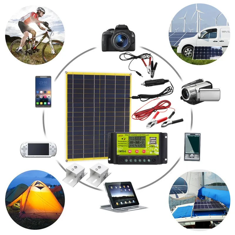 

20W Solar Panel Monocrystalline Solar Panel Solar-Controller 300CM 3A Alligator Clip 2X Solar Mounting Bracket Fits 5V/12-18V