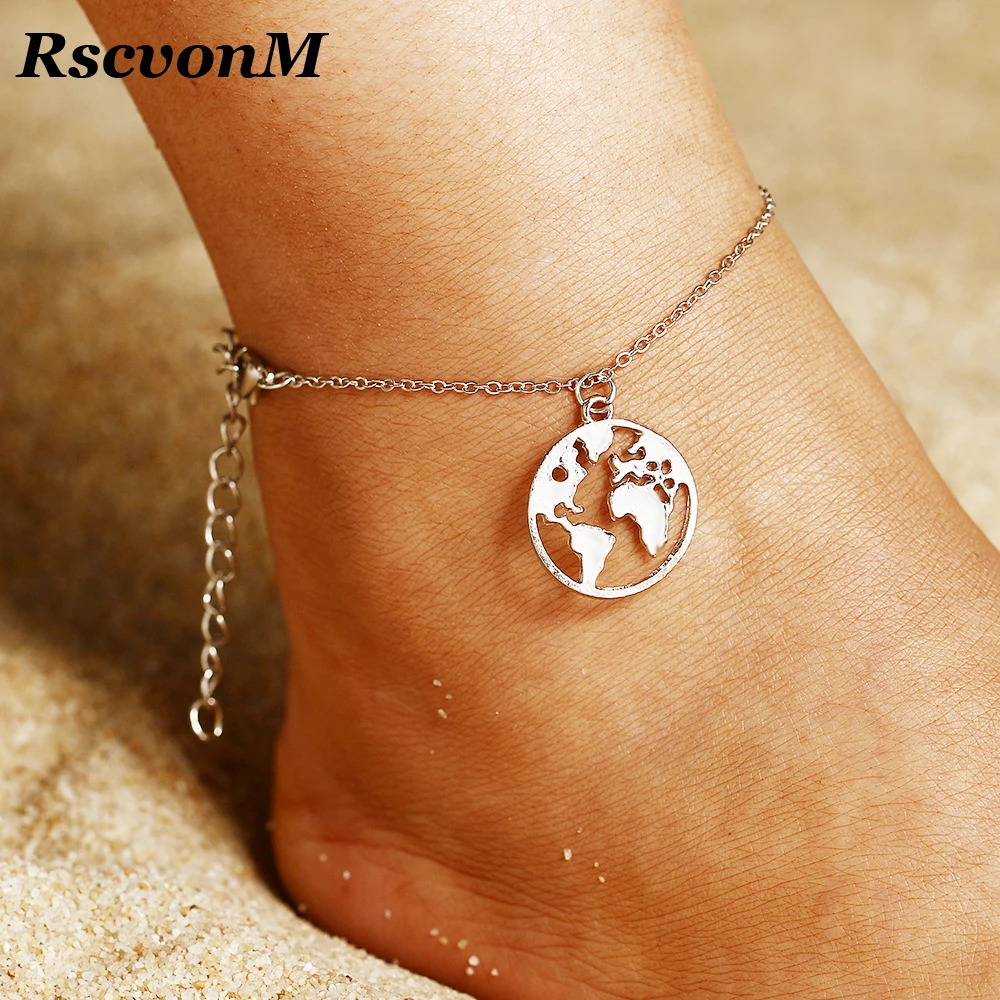

RscvonM Gold /Silver Colour Travel World Map Earth Infinity Anklets for Women Leg Foot Jewelry Ankle Bracelet Foot Jewelry