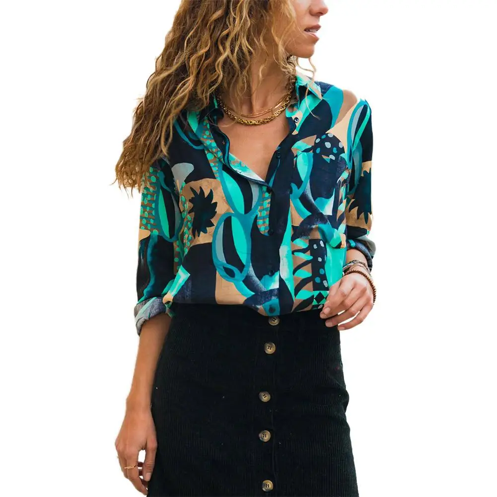 

2019 New Yfashion Women Retro Pringting Long Sleeve Lapel Casual Blouse