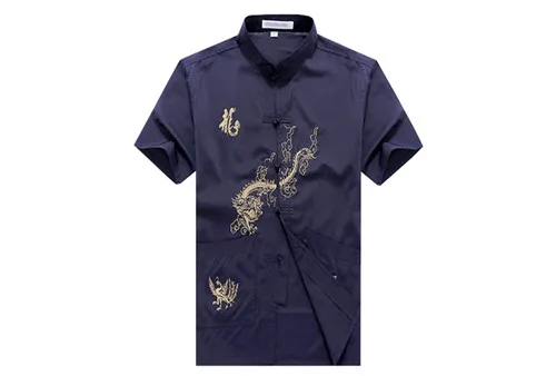 Новинка, 4 цвета, мужская униформа кунг-фу для боевых искусств, рубашка с коротким рукавом в китайском стиле, костюм Танг с рисунком дракона - Цвет: dark blue