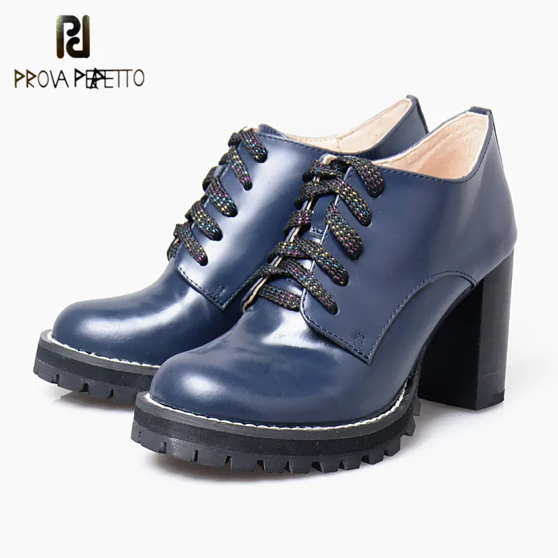 

Prova Perfetto Fashion Sheep Leather Patchwork Lace Up Shallow Woman Boots Round Toe Genuine Leather Chunky High Heel Boots