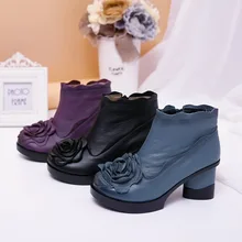 Automne Et d’hiver De Mode Véritable de Chaussures En Cuir Femmes Bottes Casual Femmes Épais Talons Main Femme Cheville Bottes