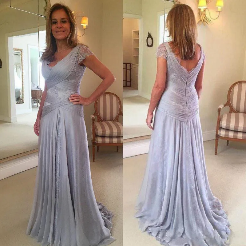 

Modest Mermaid Chiffon Mother Of The Bride Dresses Scoop Neck V-Back Sweep Train Zipper Back Cheap Wedding Guest Dress Vestidos