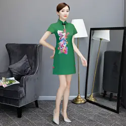 Элегантный Бизнес короткий рукав платье Sexy Хлопок принт цветок высокое Разделение Qipao Китайский Для женщин воротник-стойка Cheongsam M-XXL
