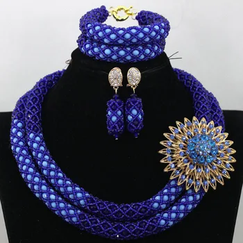 

Fashionable Mix Blue African Wedding Party Beads Necklace Set Handmade Nigerian Crystal Statement Celebration Jewelry Set QW465