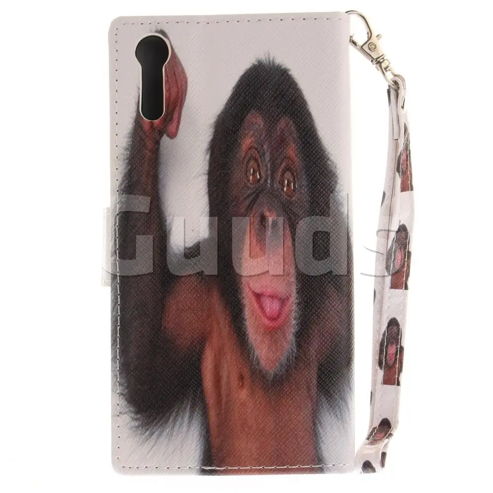 Cute Monkey Hand Strap Leather Wallet Case for Sony Xperia XZ