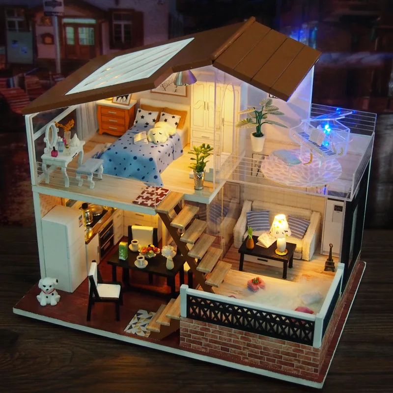

DIY Assemble Wooden Miniatura Doll Houses Wooden House Toy Miniature Dollhouse toys With Furniture LED Lights Gift For Girls