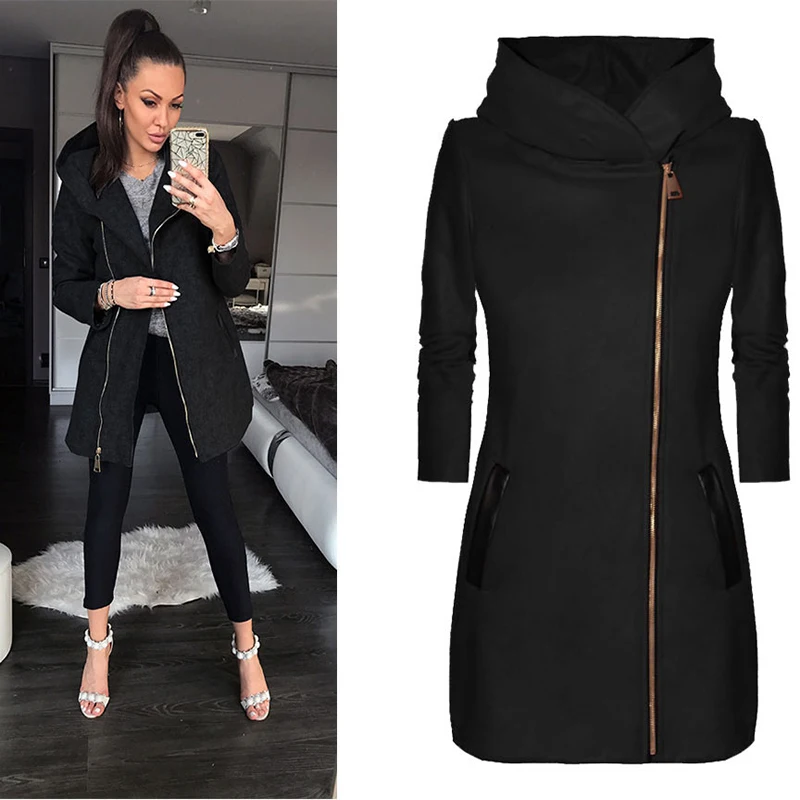 

Autumn Winter Coat Women Warm Jacket Side Zipper Full Sleeve Slim Cashmere Thick Hooded Jacket Sweatshirt Plus Size