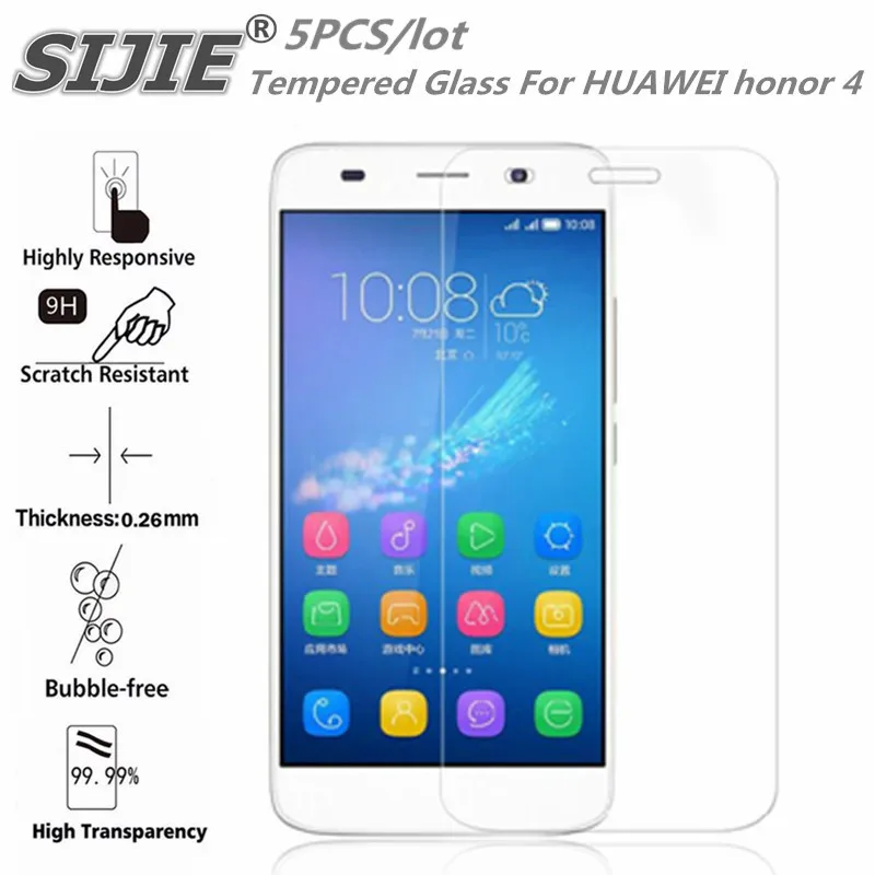 

SIJIE 5PCS Tempered Glass For HUAWEI honor 4 2.26mm Screen Protector front stronger 9H thin discount fast shipping track