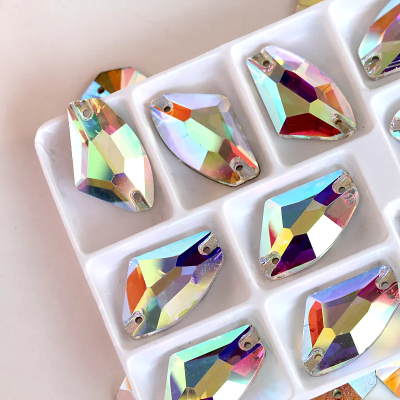 

New Arrival Crystal AB AX Shape Flatback 2 Holes Sewing Crystal Bead 3 Sizes Glass Rhinestones Appliques for Dresses B0290