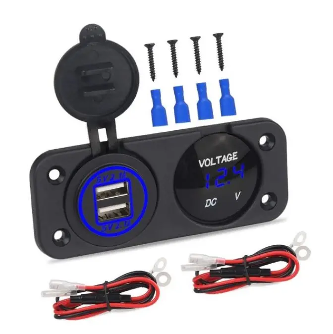 DIY Car Voltmeter Dual USB Charger 4.2A Power Socket TWO Holes Panel Waterproof Cap for Motorbike Boat with 25cm Cables | Автомобили и