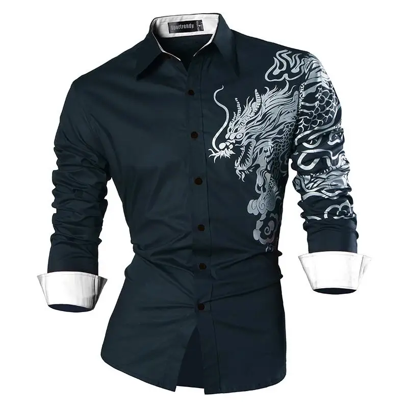 Sportrendy Мужская рубашка платье повседневное с длинным рукавом Slim Fit Мода Дракон стильный JZS041 - Цвет: JZS041-Navy