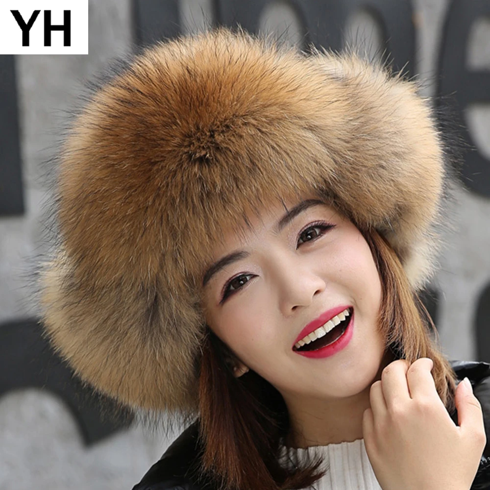 

2019 Hot Women Lovely Real Fox Fur Hats Natural Raccoon Fox Fur Russian Ushanka Cap Winter Quality Thick Warm Fox Fur Bomber Hat