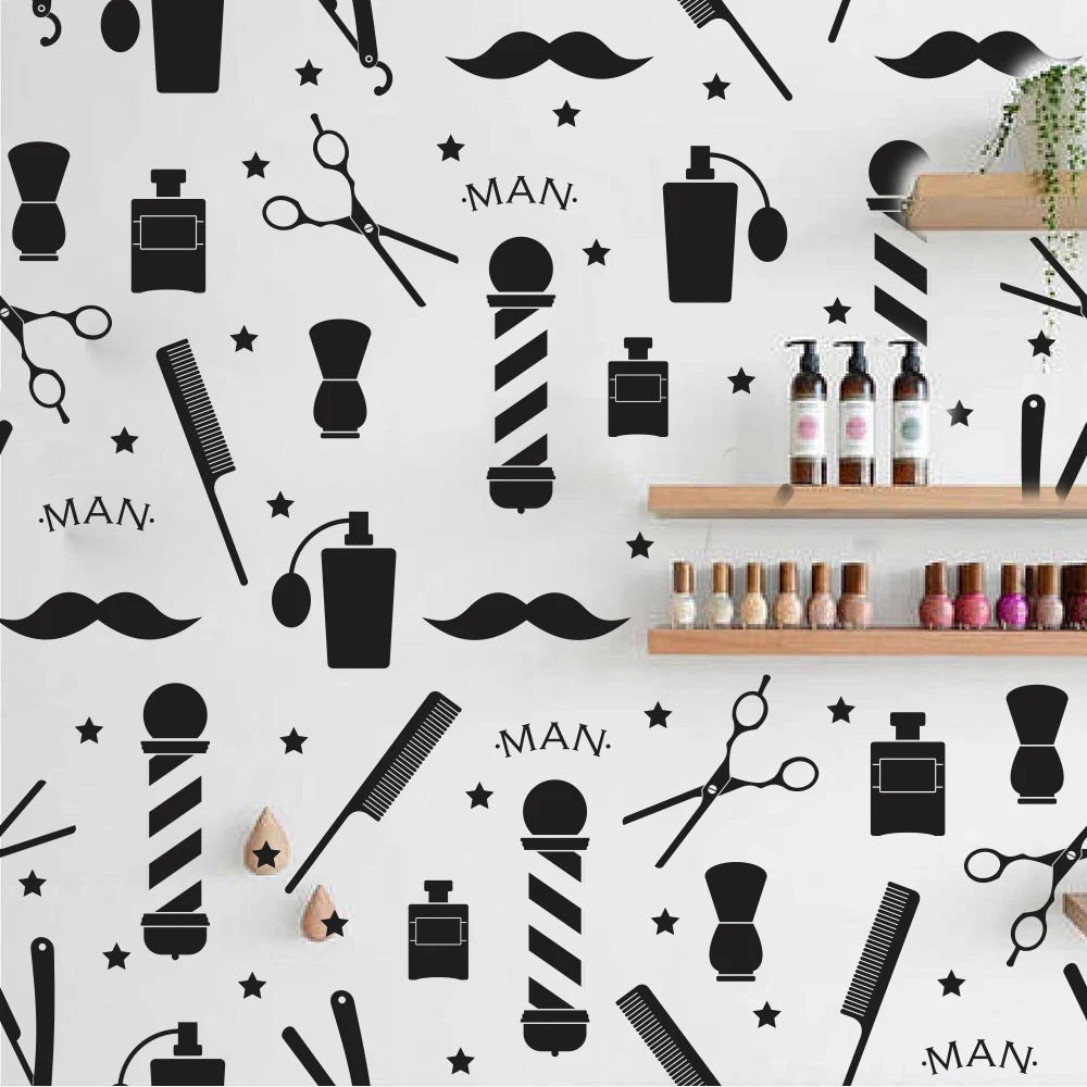 Barber Salon Shop Tools Wall Sticker Hair Nail Hairstyle Barber Man Salon Shop Scissors Comb Star Wall Decal Vinyl Decor  (4)