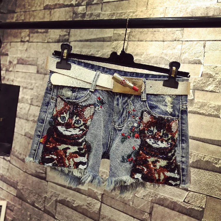 2017 Летний Новый вышитые с блестками Cat Slim тонкие джинсы короткие шорты прилив