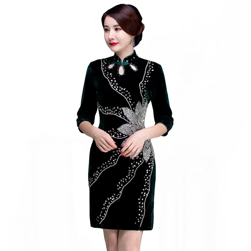 Плюс Размеры S-3XL Для женщин элегантные бусы ручной работы Cheongsam осенние бархатные новые приталенный китайский женский халат Vestidos Винтаж