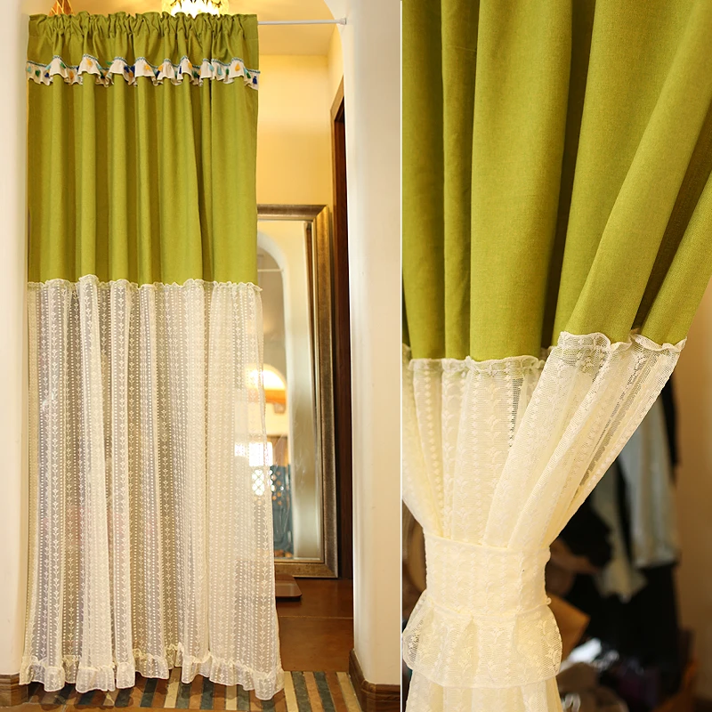 

Country Style Splice Lace Curtains Green White Blackout Window Curtains Decorative Simple Door Curtain for Living Room Kitchen