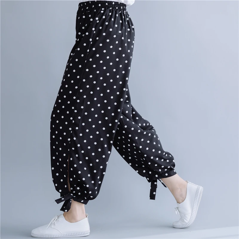 #0638 White Polka Dot Printed Black Bloomers Harem Pants Women Elastic Waist Trousers Casual Thin Ankle-length Korean Fashion #0638 White Polka Dot Printed Black Bloomers Harem Pants Women Elastic Waist Trousers Casual Thin Ankle-length Korean Fashion