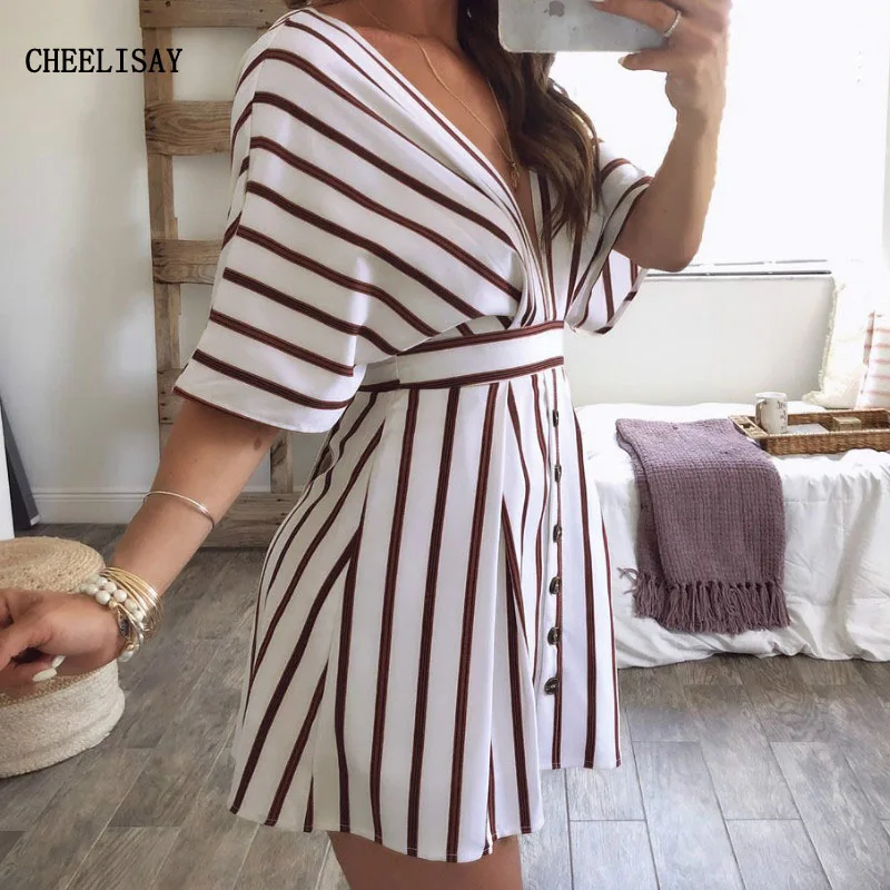 Women Striped Button Vintage Dress Sexy Deep V Neck Batwing Sleeve Summer Dress Casual Backless Lace Up Mini Dresses