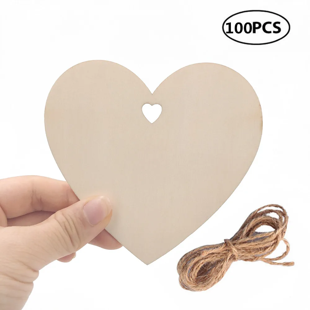 

100pcs 100mm Wood Heart Blank Wooden Heart Embellishments with Natural Twine for Wedding DIY Arts Crafts Card Making