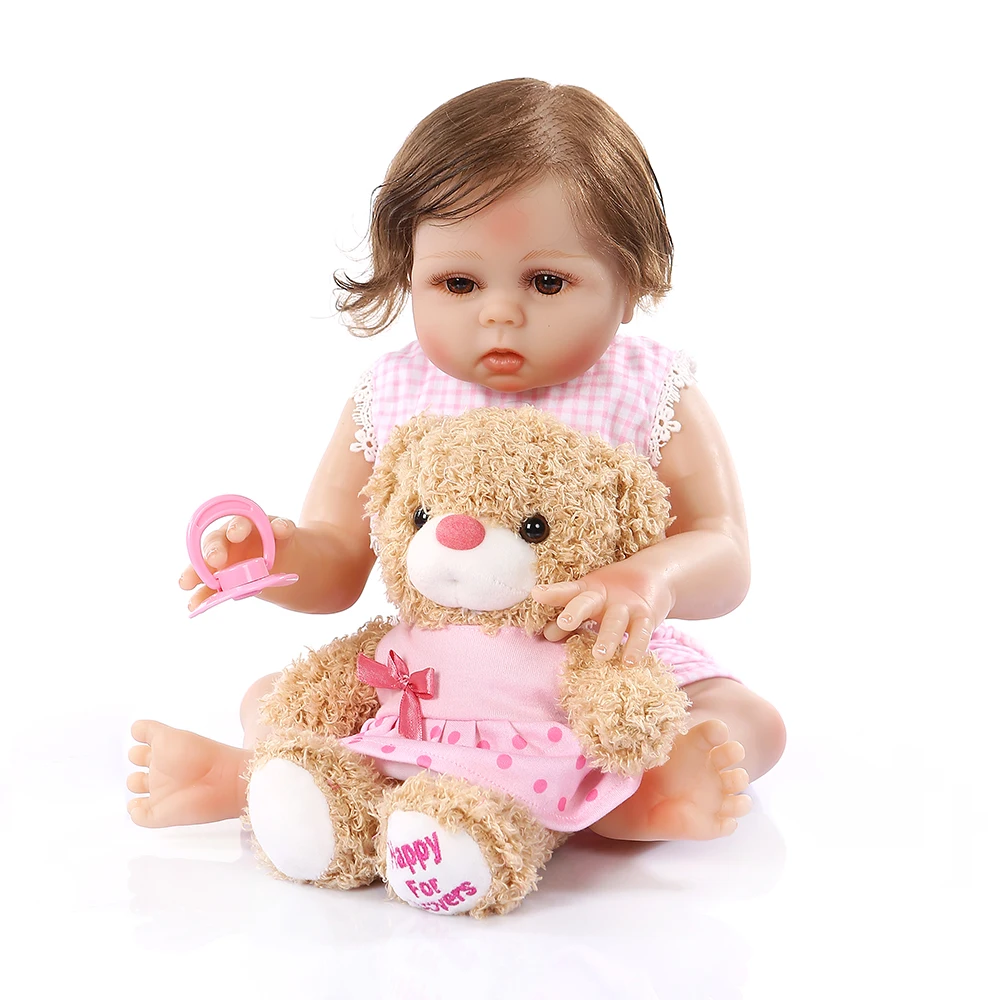 48 см Премиум bebe реалистичный reborn полное тело мягкий slicone Приятный ребенок Анатомически правильная игрушка для ванны в розовом платье с медведем игрушка