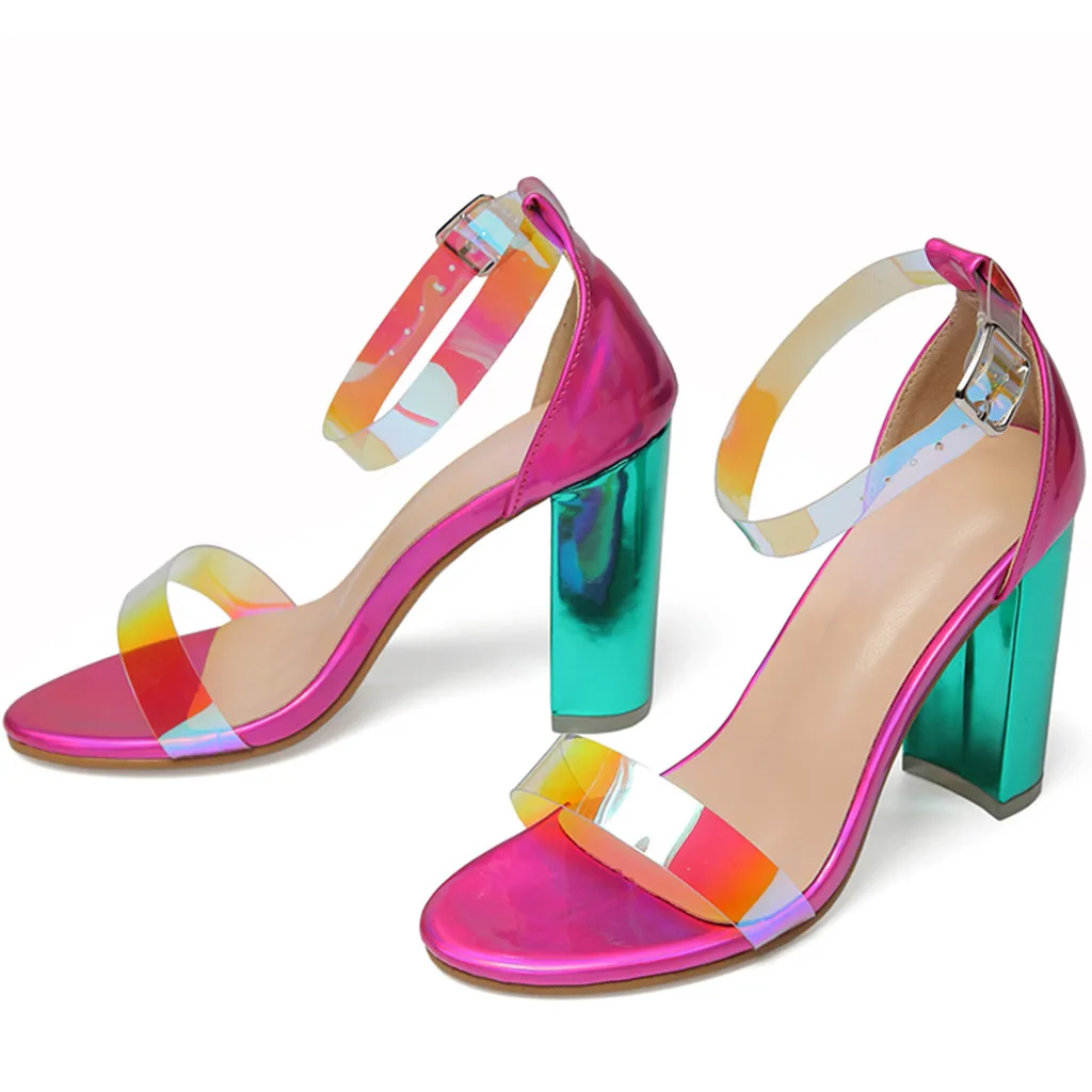 Женские босоножки разных цветов с острым носком и пряжкой на ремешке; sandalia feminina chaussures femme; босоножки на квадратном каблуке; прозрачная обувь