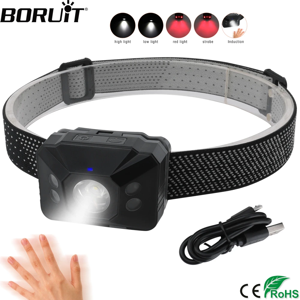 

BORUIT XP-G2 LED Induction Mini Headlight USB Charger Built-in Battery Headlamp 4-Mode IR Sensor Flashlight Red Light Head Torch
