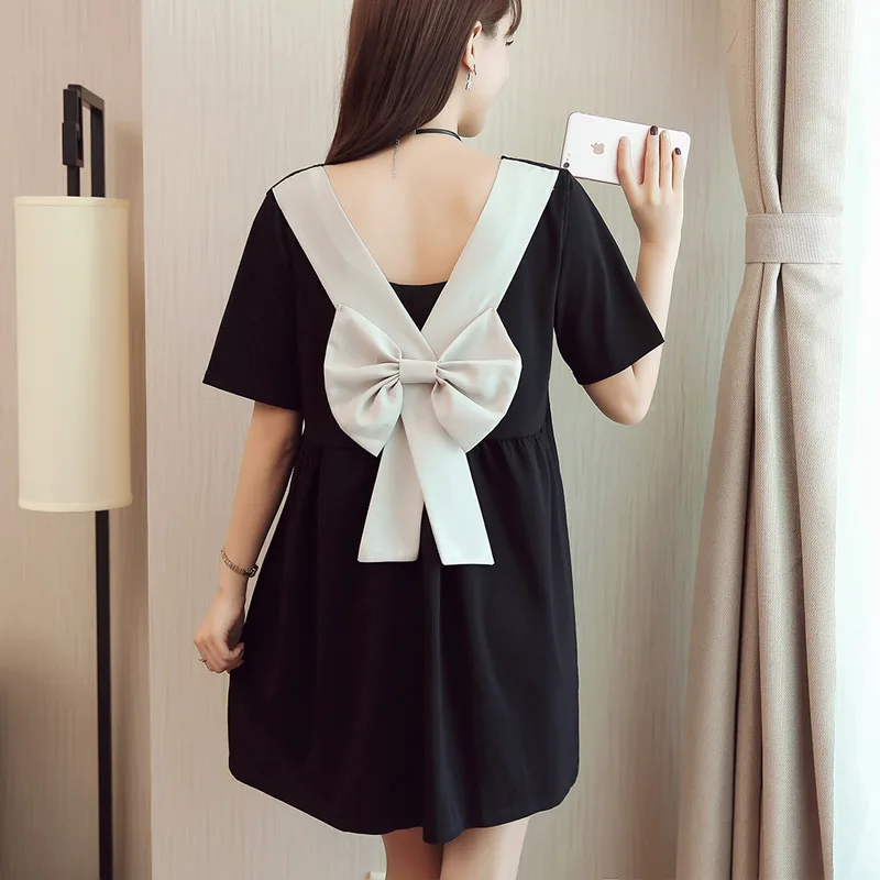 

Classic Litte Black Dresses Pregnant Women Backless Big Knot Short Maternity Dresses Casual Knee-length Loose Pregnant Clothes