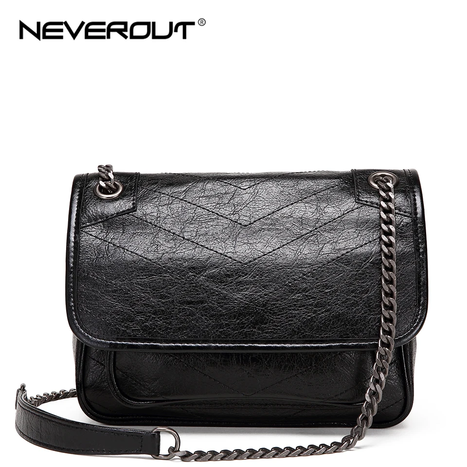 

NEVEROUT Women's Genuine Leather Shoulder Sac Black Messenger Bag Famous Brand Luxury Soft Fold Over Small chain Evening Purse