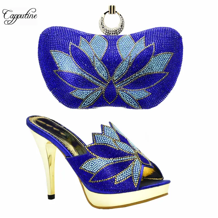 Wonderful party set matching thin high heel shoes and clutch handbag set with stones XY07 in purple, heel height 10cm