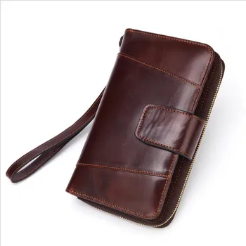 

2019 Vintage Casual Genuine Leather Men&Women Wallet Designer Brand Oil Wax Cow Leather Zipper Long Big Wallets With Coin Pocket