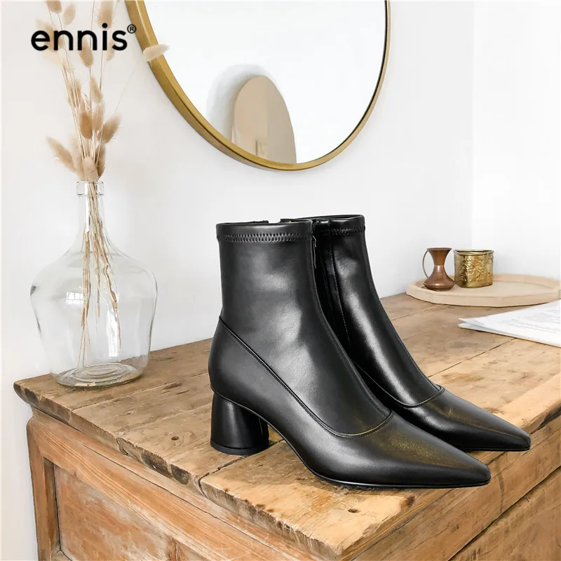 ENNIS Fashion Stretch Ankle Boots Women High Heel Boots Genuine Leather Boots Pointed Toe Shoes Autumn Winter Black A985