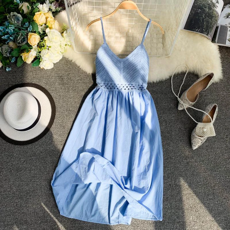

Fitaylor 2019 New Women's Bohemian Dresses Hollow Out Fresh Openwork Knitted Stitching V-neck Strap High Waist Fairy Dress