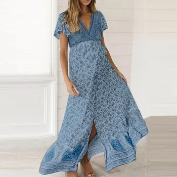 

Woman Pregnant Dresses V-Neck Short Sleeve Floral Print Slit Fashion Long Dress Maternity Gown 2019 Vestido Gestante Com Manga