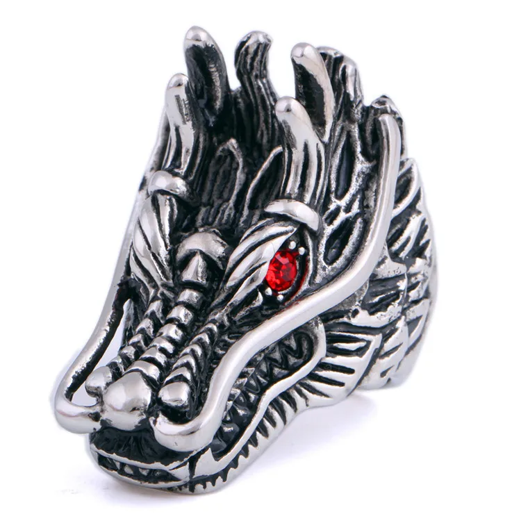 

Punk Rock Oriental Dragon Totem Ring with Red Crystal Eyes Stainless Steel Titanium Signet Ring for Men Jewelry Size 8-12