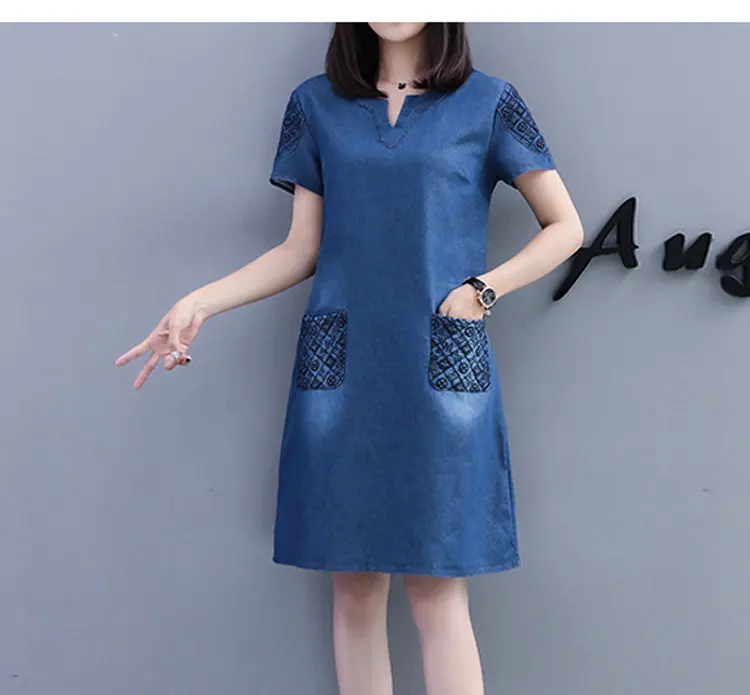New Fashion Embroidery Dresses Women 2018 Summer Blue Denim Dress Women Casual Short Sleeve Large Size Dress Vestidos Mujer S-5XL (5)