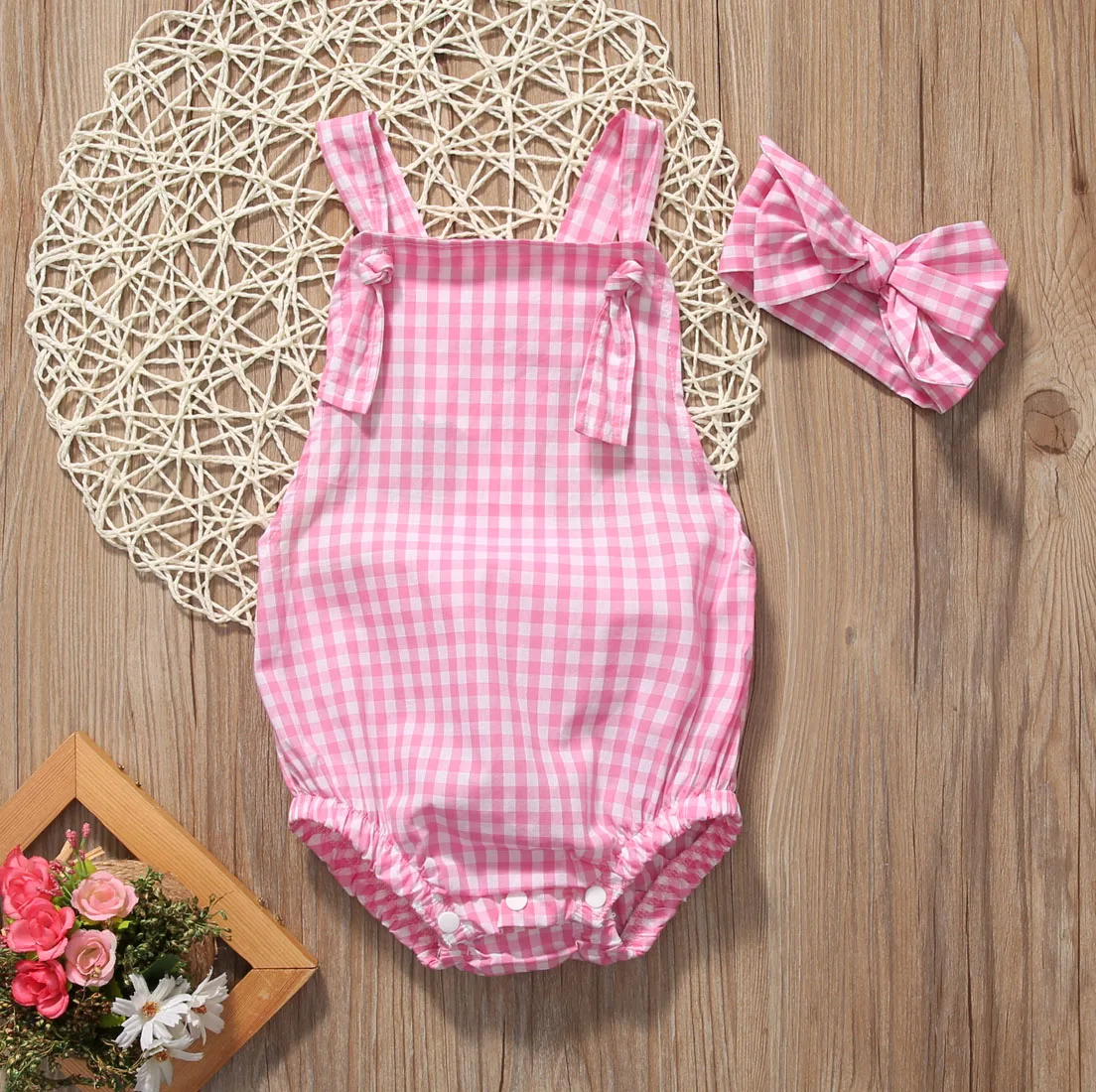 

Newborn Baby Girls Clothes Suspender Romper Summer Plaids infant Girl sunsuit baby clothing , pink 0-24M