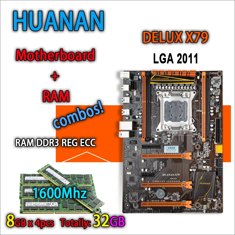 

HUANAN ZHI Deluxe version X79 gaming motherboard for intel LGA 2011 ATX 4 combos 4 x 8GB 32GB 1600Mhz DDR3 RECC Memory 64gb