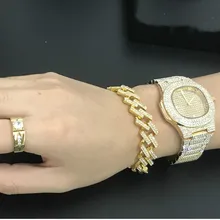 Роскошные мужские часы в стиле хип-хоп, браслет со льдом, часы с кристаллами, с кубинской цепочкой, золотые, серебряные мужские часы+ браслет, набор кубинских часов для мужчин