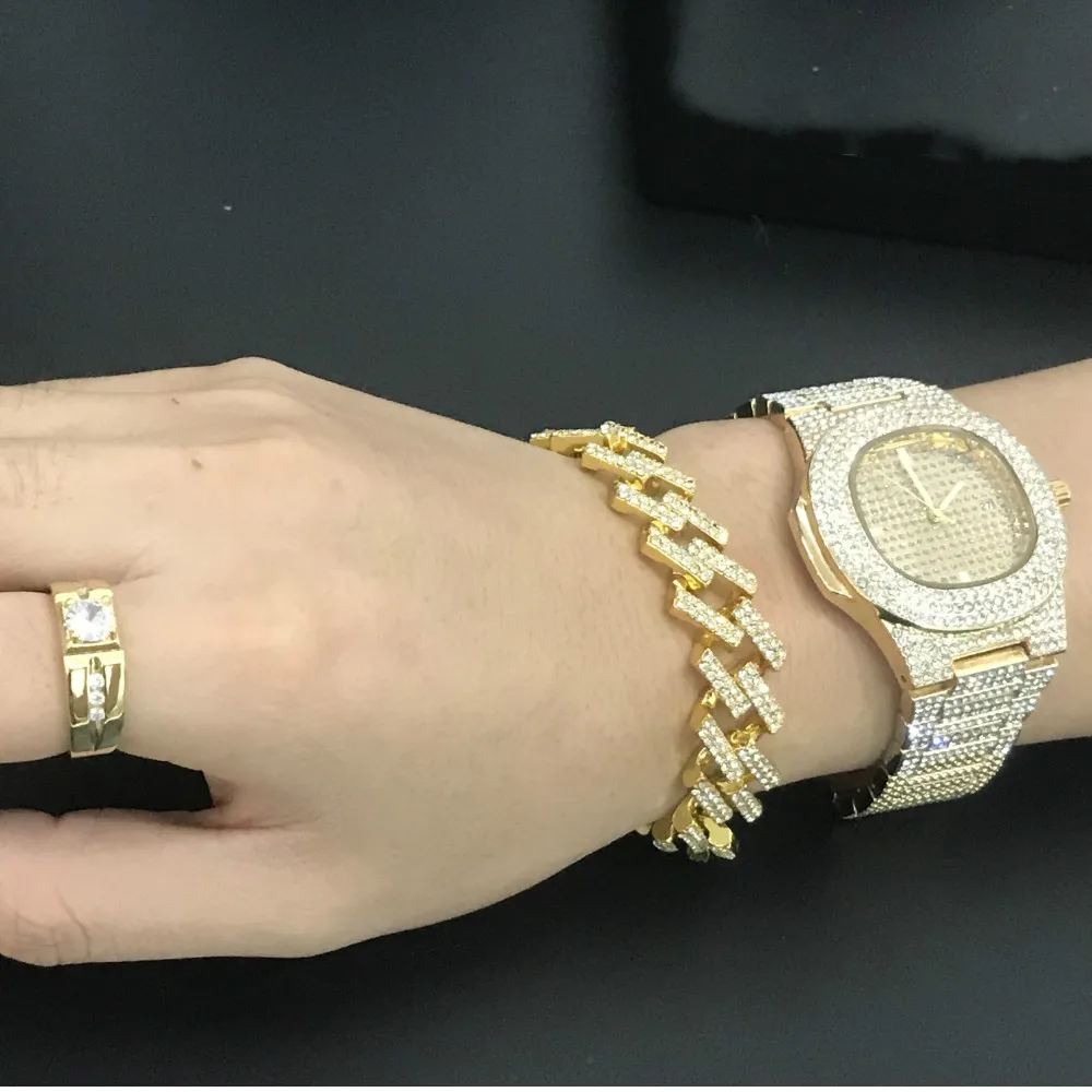 

Luxury Men Watch Hip Hop Bracelet Ice Out Watch Crystal Miami Cuban Chain Gold Silver Men Watch+Bracelet Cuban Watch Set For Men